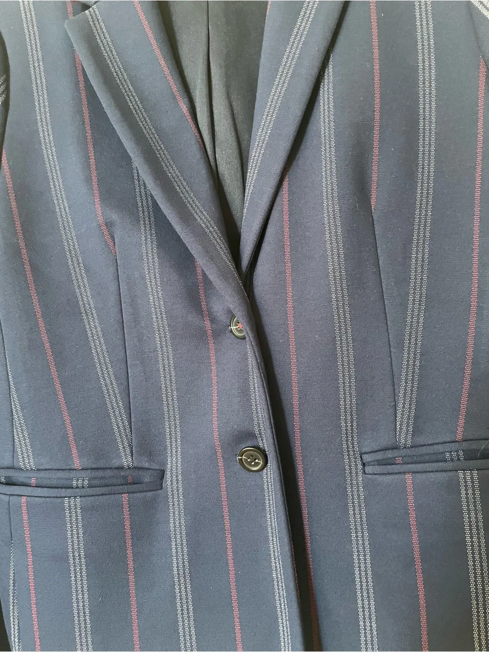 Tommy Hilfiger Navy Blazer with Red and Light Gray Pinstripes fully lined